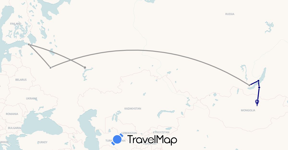 TravelMap itinerary: driving, plane, train in Mongolia, Russia (Asia, Europe)